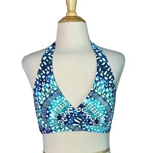 GARNET HILL Women Size 4 Blue Geometric Pattern Halter Surplice Bikini Swim‎ Top